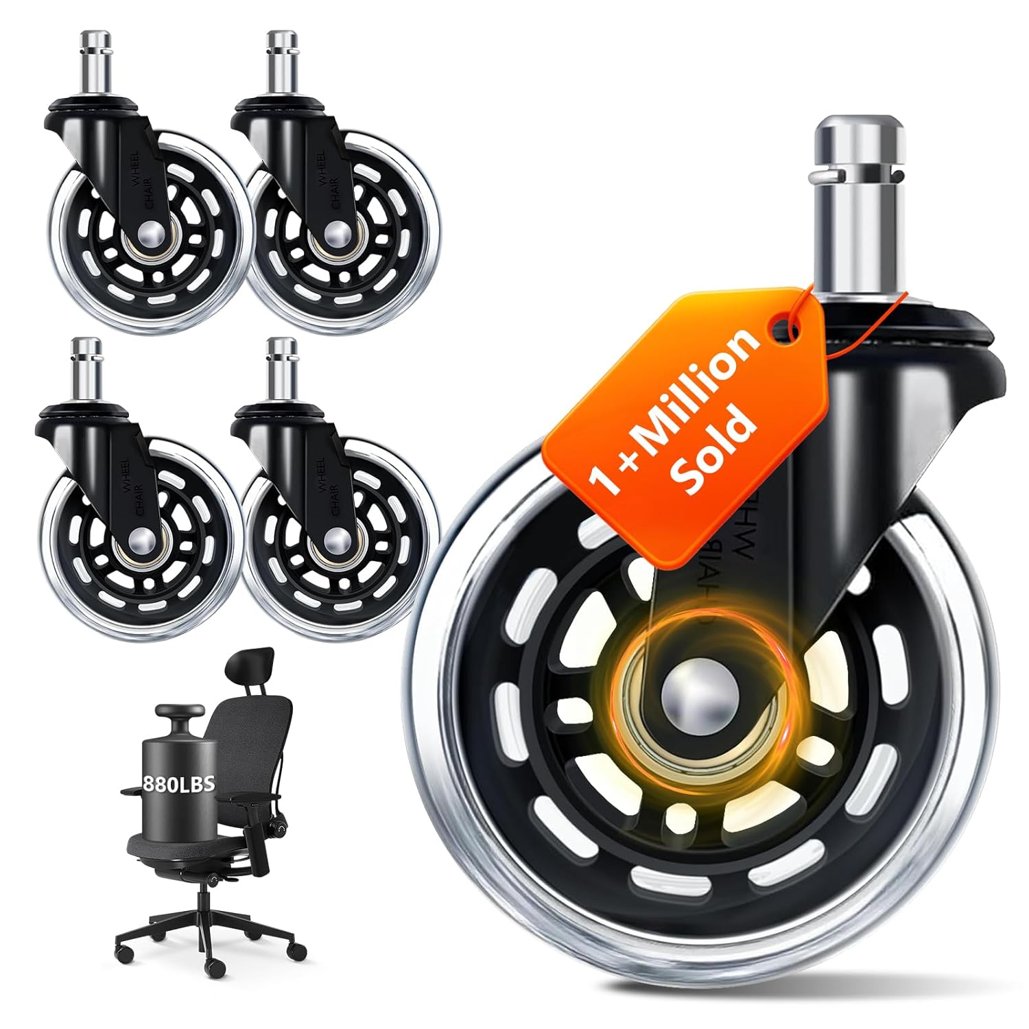 Office Furniture Solutions - 3インチオフィスチェアホイール5個セット、キャスター耐荷重880ポンド、ユニバーサル11mmステム交換用、スムーズな滑りを実現する床保護機能