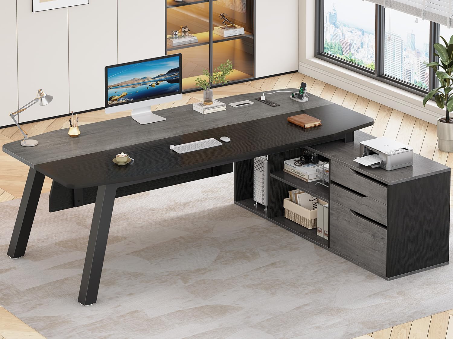 Office Furniture Usa - アメリカ発送 71インチ エグゼクティブデスク ファイルキャビネット付き 大型オフィスデスク 引き出しと棚付き