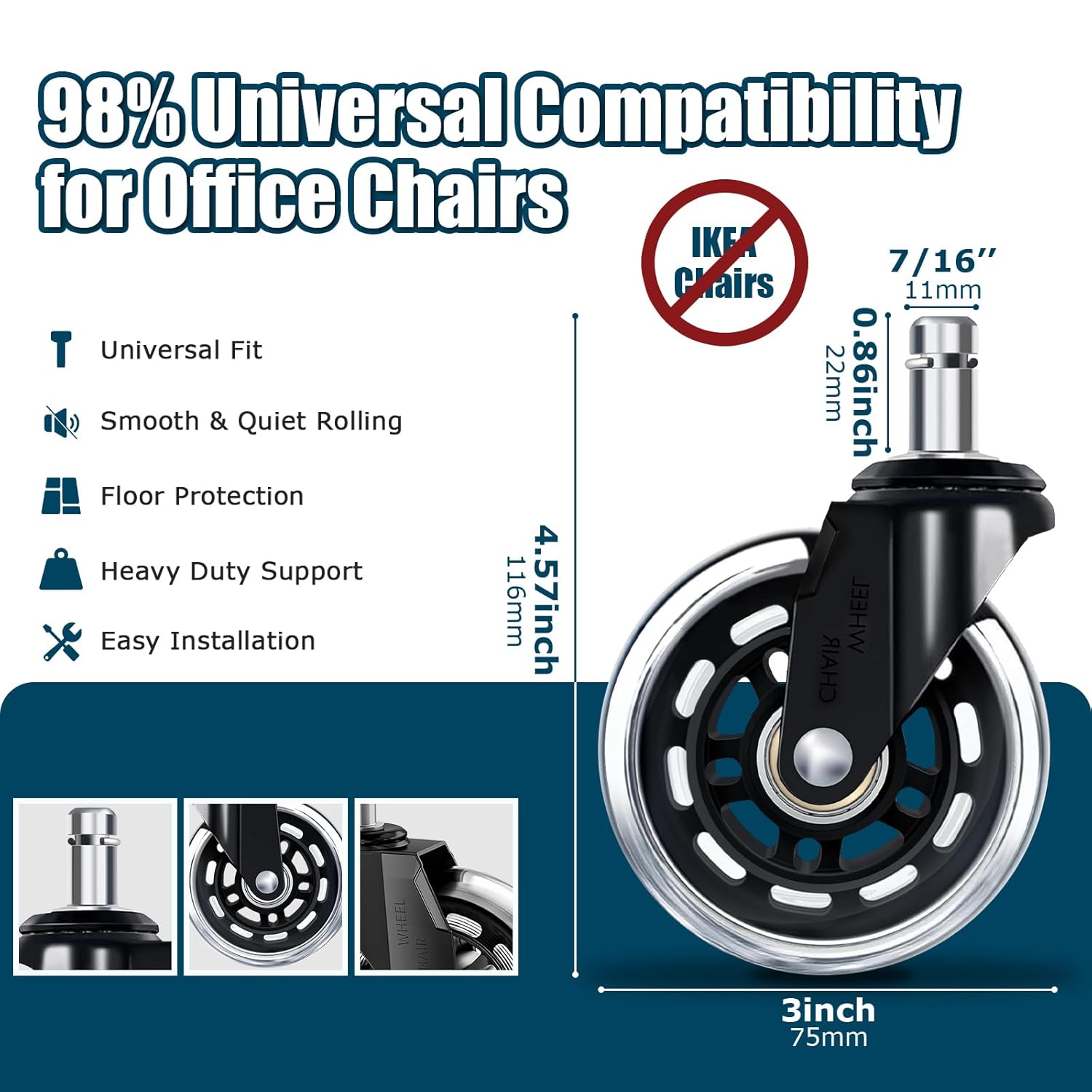 3インチオフィスチェアホイール5個セット、キャスター耐荷重8 - Office Furniture Solutions のレビューと価格